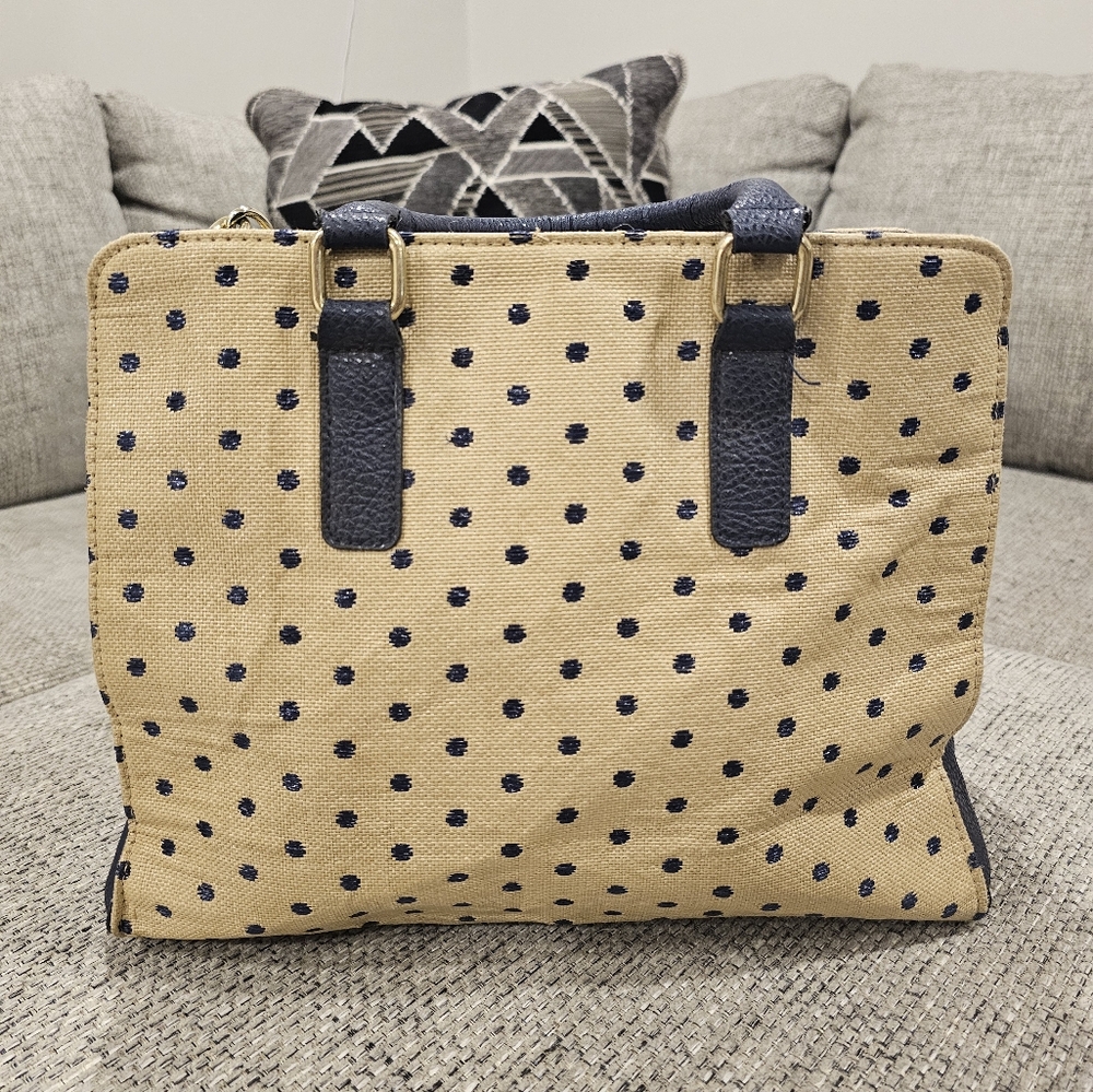 Tan & navy satchel top handle adjustable crossbody versatile purse bag - Picture 5 of 8